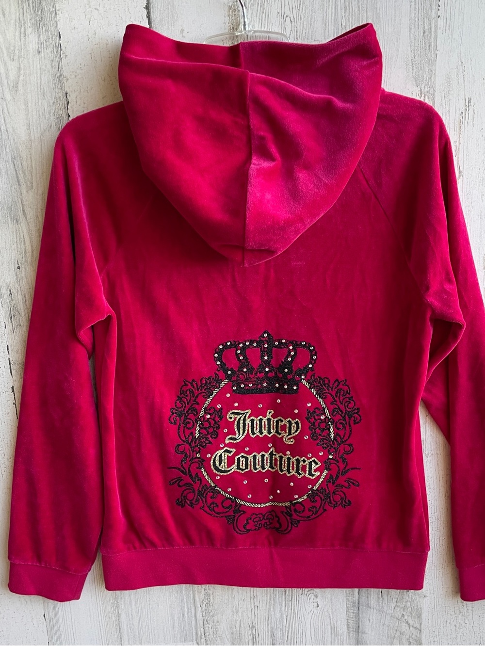 Juicy Couture Velour Zip Hoodie - Hot Pink & Black & Rhinestones SZ M